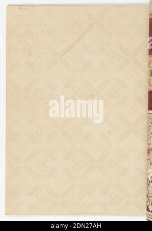 Papier peint Alfred Peats, n° 1, papier imprimé à la machine, sélection d'échantillons de papier peint, relié par une couverture en papier noir gaufré. Contient des ensembles de papiers assortis pour flanc, frise/bordure et plafond. La plupart sont très conservateurs, montrant des motifs floraux et fruitiers stylisés dans le style Arts et métiers d'art/Mission et dans le style Art nouveau. Contient des papiers pour toutes les pièces de la maison. Ne contient pas de papier hygiénique, ingrain, plafond indépendant, bordures découpées ou ingrain/flocons d'avoine., États-Unis, 1915, revêtements muraux, exemple de livre Banque D'Images