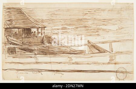 Maison à une balustrade avec des Dories Beached, Winslow Homer, cuisine américaine, 1836–1910, stylo et encre brune sur papier posé Havane, vue horizontale d'une maison de brigade de la vie et balustrade illustrée à gauche avec trois barques en face. Figures visibles à l'intérieur de la maison avec vue sur la mer turbulente à droite., Cullercoats, Angleterre, 1881, Seascapes, dessin Banque D'Images