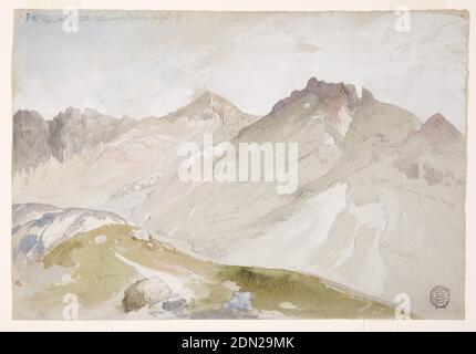 L'extrémité supérieure du Little Cottonwood Canyon, Wasatch Range, près d'Ogden, Utah, Thomas Moran, américain, b. Britain, 1837–1926, pinceau et aquarelle, goauche blanche, graphite sur papier gris couché, Panorama sur un bord de falaise vers trois sommets de montagne à couronne violette. Terre brune et rochers au premier plan; ciel brossé avec gouache blanche., Wasatch Range, près d'Ogden, Utah, États-Unis, 13 août 1879, paysages, dessin Banque D'Images