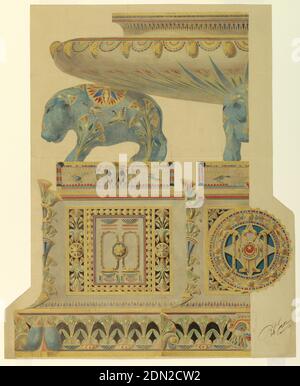 Design pour un Surtout de Table, pour le Service national de porcelaine d'Ismail, Khedive of Egypt, Gaetano Lodi, Italien, 1830 – 1886, Manipattura Ginori, Italien, Brush and aquarelle, gouache, peinture or, encre noire et lavage, traces de graphite ou craie noire sur papier vélin brun clair, Conception composite pour une vue latérale et une vue finale d'une grande table centrale. La vue latérale (à gauche) se compose d'une grande base décorée au milieu avec une cartouche rectangulaire remplie de motifs égyptiens, y compris des bandes verticales de papyri, de chaque côté d'un champ central de doubles anneaux, joints par une fleur stylisée Banque D'Images