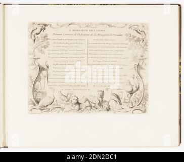 Dédicace à Monsieur de l'Orme, Singeries ou differentes actions de la vie humaine présentées par des seules, Christophe Huet, Français, 1700–1759, Jean-Baptiste-Antoine Guelard, Français, 1719–ca. 1755, Charpentier, Paris, France, Etching sur papier, plaque de dédicace d'une série de 23 imprimés reliés présentant des singes agissant comme des humains dans diverses scènes de figuration. Plaque textuelle avec texte imprimé divisé en deux colonnes séparées par une ligne verticale. La frontière du texte est une ménagerie d'animaux, y compris des oiseaux Banque D'Images