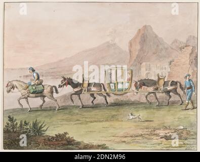 Voyage par Sedan chair, Saverio della Gatta, italien, 1777 - 1829, craie noire, stylo et encre noire, pinceau et aquarelle sur papier, rectangle horizontal. Un homme qui monte sur un cheval qui porte des bagages à côté de lui, conduit la mule avant portant avec un autre une chaise de berline dans laquelle une femme et un homme s'assoient. Un conducteur avec un long bâton marche à droite. Un chien accompagne les caravanes. En arrière-plan se trouvent la mer, le Vésuve et d'autres montagnes. Lignes de cadrage. Signature dans le coin inférieur droit: '1828/Gatta F.', Italie, 1828, figures, dessin Banque D'Images