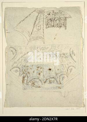 Etude pour le Sala di Apollo, Palazzo Milzetti, Faenza, Felice Giani, Italien, 1758–1823, stylo et encre brune, brosse et lavage brun, craie noire sur papier blanc coulé, en haut à gauche dans l'encre, une section d'un plafond octogonal; en bas dans la craie noire, une moitié du plafond octogonal montré dans le plan. En haut à droite dans l'encre, une élévation de ce qui peut être la même pièce., Faenza, Italie, 1804–05, intérieurs, dessin Banque D'Images