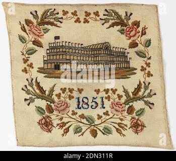 Embroidered picture, Medium: linen, silk, wool Technique: embroidered in tent and half-cross stitches, Design of the Crystal Palace and the date 1851 set in crossed sprays composed of roses, thistles, leeks and shamrocks. Design and ground worked in tent stitch., England, 1851, embroidery & stitching, Embroidered picture Stock Photo