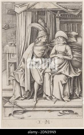 Un couple assis sur un lit, engravant sur papier blanc couchant, vue de l'intérieur d'une chambre avec un lit à baldaquin sur un dais sous lequel est visible un pot de chambre et des chaussons. À gauche, le loquet de la porte est fixé à l'aide d'un couteau. Sur le lit, un jeune homme portant un chapeau plumé et un manteau enveloppe son bras autour de la femme assise à côté de lui. La femme tient un grand anneau de clés sur ses genoux. Inscrit sur la marge ci-dessous au centre: I.M., Bocholt, Allemagne, fin du XVe siècle, figures, Imprimer Banque D'Images