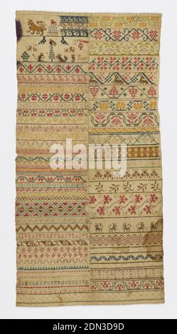 Sampler, Medium: silk on linen Technique: embroidered, Long sampler with multicolored geometric bands., Spain, 18th century, embroidery & stitching, Sampler Stock Photo