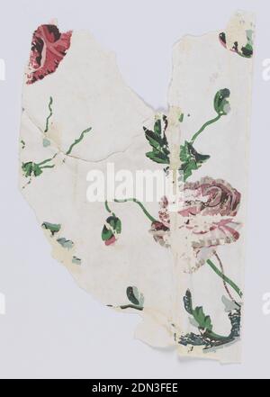 Flanc - fragment, papier imprimé à la machine, fleurs rouges et grises brillantes, avec bourgeons, sur les vignes. Imprimé sur un sol blanc poli ou satiné., Etats-Unis, env. 1850, revêtements muraux, paroi latérale - fragment Banque D'Images