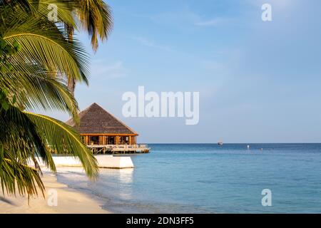 Paysage tropical paradisiaque avec bungalow en bois avec toit de chaume, palmiers et océan turquoise, Maldives, espace copie. Banque D'Images