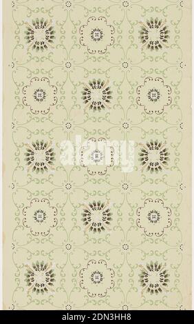 Ceiling paper, Machine-printed paper, liquid mica, Framework of foliate scrolls with each set of eight enclosing two alternating motifs: a circular wreath motif containing four torches, and a circular motif composed of more foliate scrolls. Printed in green, metallic gold, and white mica on pale green ground., USA, 1905–1915, Wallcoverings, Ceiling paper Stock Photo
