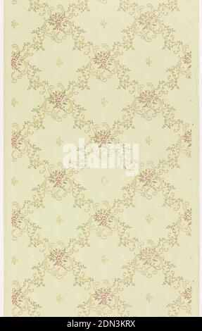 Papier de plafond, Smith Campbell Co., papier imprimé à la machine, mica liquide, rouleaux foliaires et vignes forment une couche de diamant ou un motif de grille. Éléments de type Moire dans chaque diamant., États-Unis, 1905–1915, revêtements muraux, papier de plafond Banque D'Images