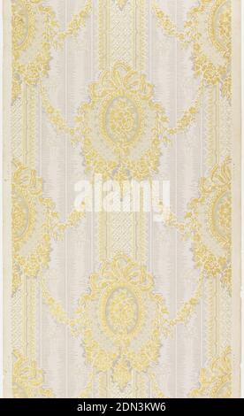 Sidewall, Machine-printed paper, textured, liquid mica, Floral bouquet enclosed within medallion. Bow knot at top. Medallions are connected by swags. Printed in metallic gold on blue stripe background., USA, 1905–1915, Wallcoverings, Sidewall Stock Photo