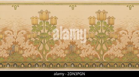 Frieze, Becker, Smith & Page, Inc., founded 1899, Machine-printed paper, Stylized tulip medallions, band of pointed medallions along the bottom; printed in green, white, brown, metallic gold, and black on a tan background simulating a woven textile., Philadelphia, Pennsylvania, USA, 1905–1915, Wallcoverings, Frieze Stock Photo