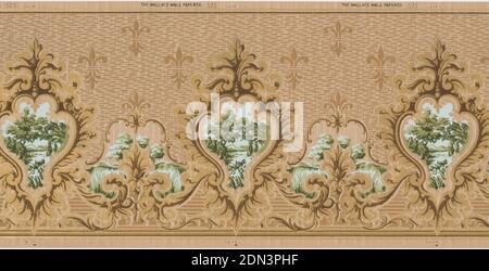 Frieze, Wallace Wall-Paper Co., Cortland, New York, papier imprimé à la machine, médaillons de paysage imprimés sur un motif d'arrière-plan texturé contenant la fleur de lis. Le flanc compagnon est 1979-91-894., Cortland, New York, Etats-Unis, 1905–1915, Wallcovers, Frieze Banque D'Images