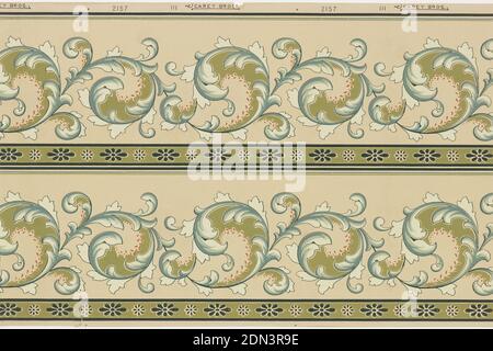 Frieze, Carey Bros. W.P. Mfg Co., Philadelphie, Pennsylvanie, a fondé en 1882, papier imprimé à la machine, Acanthus rinceau avec bande de motif floral le long du fond. Deux bordures imprimées sur toute la largeur., Philadelphie, Pennsylvanie, États-Unis, 1905–1915, Wallcoverings, Frieze Banque D'Images