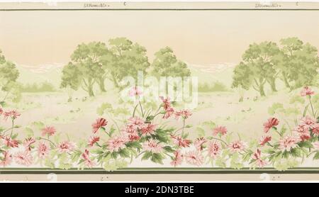 Frieze, Maxwell & Co., S.A., Chicago, Illinois, USA, Machine-printed paper, liquid mica, Landscape with snow-capped mountains in background, green trees in middle ground, and bushels of pink carnations in foreground., USA, 1905–1915, Wallcoverings, Frieze Stock Photo