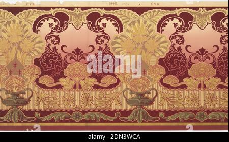 Frieze, Benton, Heath & Co., Hoboken, New Jersey, 1875 - 1917, Machine-printed paper, Dense and dark design with bouquets of Queen Anne's Lace-like flowers, every second one in an urn. A grouping of three flowers above each urn. Background shades from pink at top to red at bottom., Hoboken, New Jersey, USA, 1905–1915, Wallcoverings, Frieze Stock Photo