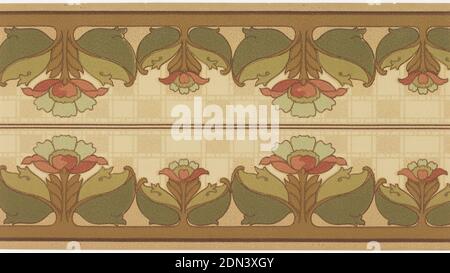 Frise, papier imprimé à la machine, bordure imprimée deux sur toute la largeur. Alternance de grandes et moyennes fleurs stylisées avec de grandes feuilles et tiges qui se fixent à la bordure inférieure. Arrière-plan de vermiculation blanche et motif de damier beige et Havane. Brun clair. Imprimé en vert, tans, bruns et pinks., États-Unis, 1905–1915, Wallcovers, Frieze Banque D'Images