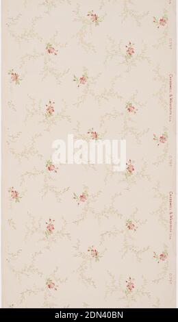 Papier de plafond, Cresswell & Washburn Ltd, Philadelphie, Pennsylvanie, 1880 - 1900, papier imprimé à la machine, les fleurs rose foncé sont répétées en diagonale sur tout le flanc. Chaque fleur a des branches de méandres rose et vert clair. Les grappes de fleurs alternent en position et se répètent toutes les deux. Imprimé sur un sol rose clair., Philadelphie, Pennsylvanie, États-Unis, 1905–1915, revêtements muraux, papier de plafond Banque D'Images