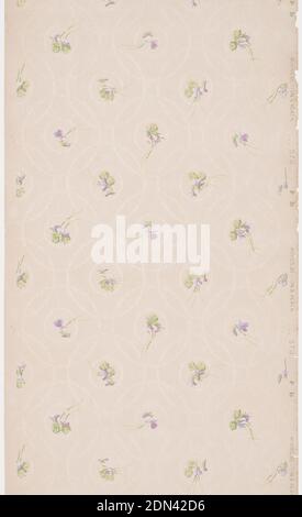 Papier de plafond, Hobbs, Benton & Heath, Hoboken, New Jersey, papier imprimé à la machine, mica liquide, sur sol gris clair, fleurs décalées en vert et violet ; le sol présente des cercles blanc-argent clair., Hoboken, New Jersey, États-Unis, 1905–1915, revêtements muraux, papier de plafond Banque D'Images