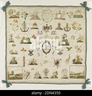 Sampler, Moyen: Soie, soie enveloppée de métal, et bande de métal plat broderie sur la fondation de soie technique: Brodés en chaîne, tige, satin, courant, couching, noeuds, et points de dos sur la fondation de tissage simple, monuments commémoratifs isolés et motifs floraux montés sur la soie verte. Texte allemand 'dir theurer Vateri demich nie gekant Sey dieser Kranz geweit aus meiner Hand 1816.' « pour vous, cher père, que je ne connaissais jamais, cette couronne faite de ma main. » 'Entfernfund doch Vereiniegt.' « s'éloigner du syndicat. » 'Zum Andenken dez freundschaht.', Autriche, 1816, broderie et couture, Sampler Banque D'Images