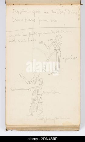 Sketchbook page: La division des prêtres, Kenyon Cox, américain, 1856–1919, Graphite sur papier, Recto: Notes sur la division des prêtres, et divisions des femmes employées au service des dieux., Verso: Note sur les dieux égyptiens anciens dans les triades. Deux croquis de prêtres égyptiens à tête chauve, face à gauche, l'un dans une peau de léopard., USA, 1883, albums (relié) & livres, folio de Sketchbook, folio de Sketchbook Banque D'Images