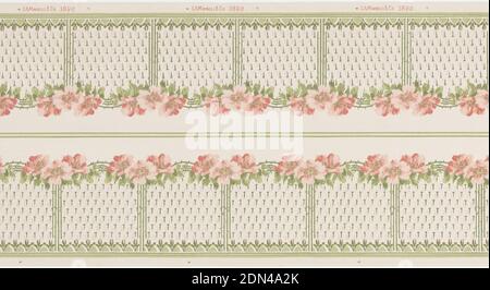 Border, S.A. Maxwell & Co., papier imprimé à la machine, bordure florale, regroupement de trois coquelicots roses reliés par une voûte plantaire. Sous, bourre de motifs floraux stylisés. Imprimé sur sol blanc, États-Unis, env. 1915, revêtements muraux, bordure Banque D'Images