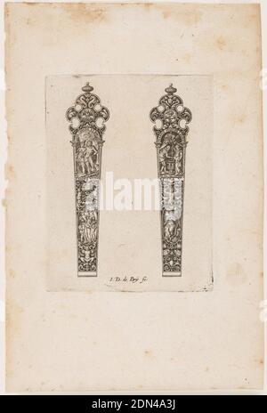 Dessins pour deux manches de couteau, Johann Theodor de Bry, allemand, 1561 - 1623, gravure sur papier, deux manches de couteau avec des motifs classiques et figuratifs se terminant dans un sommet percé, pays-Bas, XVIe siècle, travail des métaux, impression Banque D'Images