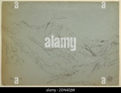 Mont-Sainte-Croix, Thomas Moran, américain, b. Grande-Bretagne, 1837–1926, Graphite sur papier vélin bleu-gris, vue oblique horizontale d'une chaîne de montagnes à travers une vallée avec un sommet dont les fissures forment la croix au centre gauche., 1874, paysages, dessin Banque D'Images