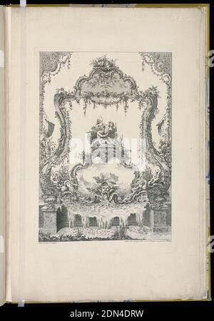 Panneau d'ornement avec une double cartouche montrant un Dieu de la rivière, un Nymph et une fontaine, Pierre Edme Babel, français, ca. 1720-1775, Pierre Edme Babel, français, env. 1720-1775, Jacques Chéreau, français, 1688–1776, Etching sur papier blanc cassé, panneau de l'Oranament avec une double cartouche, un Dieu de rivière, une nymphe, et une fontaine, France, 1700–1775, ornement, impression Banque D'Images