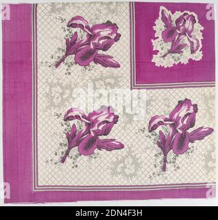 Echantillon d'écharpe, Moyen : technique de soie : imprimé sur un tissu Uni, quart d'une écharpe imprimée avec motif iris à la fois sur la bordure et sur le terrain. En magenta et noir, France, milieu du XIXe siècle, textiles imprimés, teints et peints, échantillon d'écharpe Banque D'Images