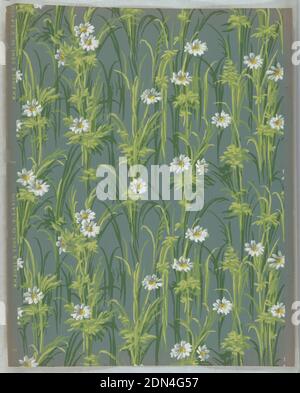 Flanc, imprimé à la machine, sur sol gris-turquoise, marguerites naturalistes avec feuillage dans trois nuances de vert, surimprimé avec des rayures noires., Buffalo, New York, États-Unis, 1890–1920, revêtements muraux, flanc Banque D'Images