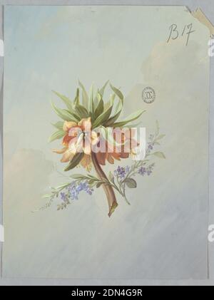 Design pour le papier peint et les textiles: Fleurs, pinceau et gouache sur papier blanc cassé, branche marron au centre de la page avec des fleurs orange tout autour, surmonté d'un feuillage vert. Branche de bleu clair, petites fleurs placées devant la branche marron., France, 19e siècle, papiers peints, dessin Banque D'Images