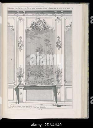 Mur avec peinture et consoles, Desseins de Lambris (Wainscoting Designs), François de Cuvilliés The Elder, Belge, active Allemagne, 1695 - 1768, Carl Albert von Lespilliez, allemand, 1723 - 1796, Nicolas Jean-Baptiste de Poilly, français, 1712 - après 1758, François de Cuvilliés The Elder, Belge, active, Allemagne, gravure sur papier, 1695 - 1768, Design pour mur intérieur de style rococo. Une peinture encadrée ou tapisserie au centre représentant une vie de fruits encore avec des singes à gauche, des ruines architecturales et une vue partielle du paysage en arrière-plan; le cadre de la scène surmontée d'un trophée armorial Banque D'Images