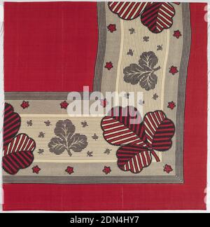 Echantillon d'écharpe, Moyen : technique de soie : imprimé sur un tissu Uni, quartier d'un foulard imprimé en rouge et noir. Champ de couleur rouge Uni et bordure de shampoings et de petites feuilles. France, milieu du XIXe siècle, textiles imprimés, teints et peints, échantillon d'écharpe Banque D'Images