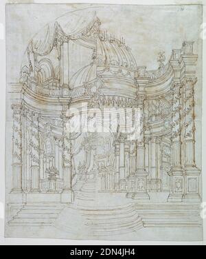 Conception de scène: Architecture de palais, stylo et bistre, crayon sur papier, ligne, rectangle vertical montrant des conceptions alternatives pour un bâtiment de dômes avec colonnes garrées. Le côté gauche montre un monument dans le centre., Italie, 1700–1750, théâtre, dessin Banque D'Images