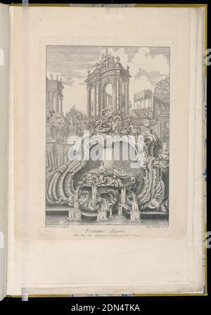 Fontaine avec une cartouche et des bâtiments, Pierre Edme Babel, français, ca. 1720-1775, Pierre Edme Babel, français, env. 1720-1775, Jacques Chéreau, français, 1688–1776, Etching sur papier blanc cassé, Fontaine dessèchant sous une forme de cartouche et montrant des bâtiments en arrière-plan, France, 1700–1775, architecture, Imprimer Banque D'Images