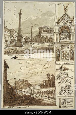 Piazza San Domenico à Bologne; Piazza San Francesco et Villa Aldini à Bologne; étude de la tombe de Glossatori, Felice Giani, italienne, 1758–1823, stylo et encre brune, pinceau avec lavage brun sur des traces de graphite sur papier crème, Piazza San Domenico à Bologne; Piazza San Francesco et Villa Aldini à Bologne; Etude de la tombe de Glossatori; Verso: Cinq études de sepulcri et baptichetieduchiste, Italie, 1811–14, conception graphique, dessin Banque D'Images