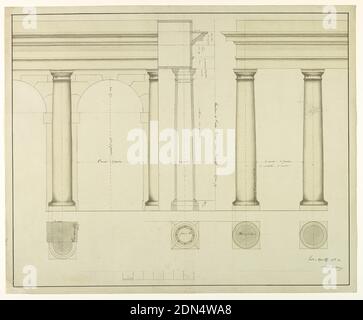 Élévation de la section d'un mur avec colonnes et Arche à gauche, Graphite, pinceau et aquarelle, stylo et encre brune sur papier crème, conception pour colonnes toscanes avec arches, plans et élévations, entablatures de soutien; échelle en marge inférieure., Marcilly, France, 1884, architecture, dessin Banque D'Images