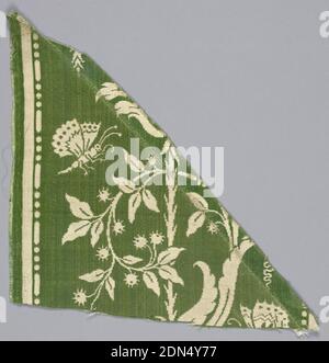 Textile, Medium: silk Technique: plain compound satin, Two fragments of border pattern of baroque foliage forms with birds and insects perched on the branches or hovering about them. Pattern in extra wefts of white on green satin ground., France, late 18th–early 19th century, woven textiles, Textile Stock Photo