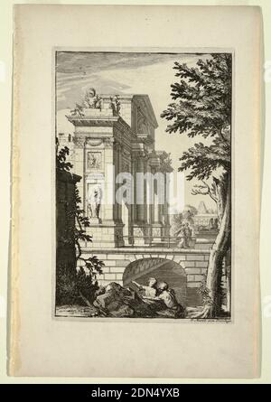 Assiette à Nouveaux Livre de Paysages (Nouveau Livre des paysages), Daniel Marot, français, actif aux pays-Bas et en Angleterre, 1661–1752, Etching et gravure sur papier blanc, vue d'une arche triomphale, sur un pont, ornée de statues, reliefs et guirlandes. Ci-dessous, deux chiffres converse., pays-Bas, ca. 1700, architecture, impression Banque D'Images