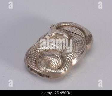 Rattlesnake spiralé, William B. Kerr & Company, cuisine américaine, 1855 - 1927, argent, oblong, avec bords incurvés irréguliers conformes à la forme du crotale spiralé, sa bouche ouverte, fangs affichés, fourche-langue étendue, hochet à l'extrémité de la queue, texture globale en relief pour simuler la peau de serpent, décoration identique à l'envers. Couvercle articulé sur le côté. Gâche dans la rainure en retrait sur le fond, env. 1890, conteneurs, Arts décoratifs, Matchsafe, Matchsafe Banque D'Images