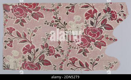 Textile, Moyen: chaîne de lin, trame de coton technique: Bloc imprimé sur le tissage Uni, textile bloqué à la main dans un motif floral incomplet dans les couleurs plus tradelles de rouge et de brun de vaporisateurs floraux. Fond de picraton élaboré en rouge, et en sépia, un dessin de picraton de moulin à vent et de fleurs., France, ca. 1760, textiles imprimés, teints et peints, textile Banque D'Images