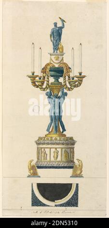 A Candlestick with Four Branches, Luigi Righetti, Italian, 1780 - 1819, Pen and ink, brush and watercolor on paper, The oblong plinth of a half circular pedestal of marble is supported by two eagles. The pedestal is decorated above and below by elaborated moldings, and in the main field with oblong panels with frames tangent to each other, and with figures of the Muses inside. The shaft is surrounded by three girls supporting its entablature upon which a vase stands. From its inside hang downwards the four branches with burning candles. Above it rises a pedestal with a figure of Jupiter Tonans Stock Photo