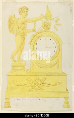 Design pour horloge, Lefebvre Manufactory, Tournai, Brush et jaune, rouge, aquarelle, stylo et encre noire, graphite, sur papier crème, base décorée avec un arc placé horizontalement, des flèches effacées et une couronne de roses. Au-dessus, à droite, un cadran avec une rose et abeille en haut. Ci-dessous, une inscription, 'Linconsatnt vaincu.' À gauche, Cupid debout sur un hassock coupe les ailes d'une abeille., Belgique, 1800–1825, métallurgie, dessin Banque D'Images