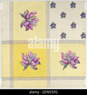 Échantillon d'écharpe, Moyen : technique de la soie : imprimé sur un tissage Uni, quart d'un foulard imprimé en trois magentas, trois violets, trois gris, deux verts, deux jaunes et noir. Champ de motif à petite échelle de roses et de bordure montre la carnation dans un carré., France, milieu du XIXe siècle, tissus imprimés, teints et peints, échantillon d'écharpe Banque D'Images