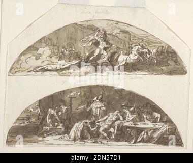 L'Achille fait glisser le corps du Hector autour des murs de Troie, les plis Priam pour le corps du Hector, les dessins de plafond pour la Galleria di Achille, Palazzo Milzetti, Faenza, Italie, Felice Giani, italien, 1758–1823, stylo et encre brune, pinceau et gris-brun laver sur des traces de graphite sur papier blanc coulé, Deux dessins en forme de lunette sur une feuille irrégulière. Dans le dessin supérieur, la figure d'Achille, conduite d'un char à cheval, fait glisser le corps d'Hector autour de la ville de Troie. Dans le dessin inférieur, Priam, dans la tente d'Achille, s'agenouille avant Achille et embrasse sa main droite; certains guerriers regardent la scène Banque D'Images