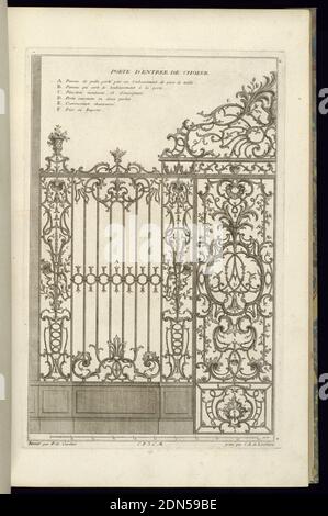 Porte d'entrée de Choeur, François de Cuvilliés l'ancien, belge, active Allemagne, 1695 - 1768, Karl Albert von Lespilliez, 1723–1796, Nicolas Jean-Baptiste de Poilly, français, 1712–après 1758, gravure et gravure sur papier blanc cassé, six éléments de la grille sont marqués A-F, avec une clé en haut à gauche. Échelle en dix pieds., Allemagne, 1745, métallurgie, impression Banque D'Images