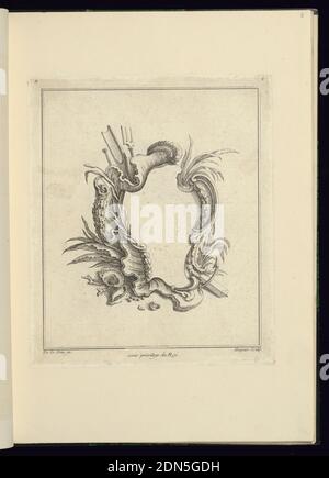 Design pour Cartouche évoquant les éléments aquatiques, Jacques de Lajoüe, français, 1687–1761, Gabriel Huquier, français, 1695–1772, gravure sur papier blanc couché, Cartouche décorée d'éléments aquatiques : un oar, des roseaux d'eau et un trident en haut à gauche; corail, coquillages et coquillages en bas à gauche., France, 1740, ornement, Imprimer Banque D'Images