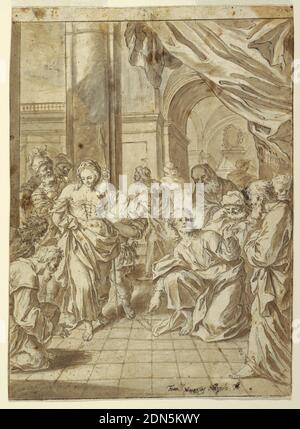 Christ et la femme adultère, Francesco Saverio Mergolo, italien, 1746–1786, Brush et Grey wash, stylo et encre brune, graphite sur papier, la femme, les soldats, et deux disciples à gauche, Christ avec d'autres à droite. Il pointe sur les mots qu'il a écrits. La femme plutôt pas dérangé., Italie, 1750–60, figures, dessin Banque D'Images