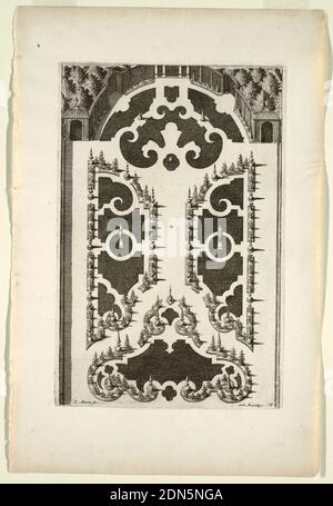 Assiette à Nouveaux Livre de parterres contentant 24 pensséz diferantes (Nouveau livre contenant 24 variantes différentes pour les lits de jardin), Daniel Marot, français, actif aux pays-Bas et en Angleterre, 1661–1752, Etching et gravure sur papier blanc, conception d'architecture de paysage pour le jardin., pays-Bas, ca. 1700, architecture, impression Banque D'Images